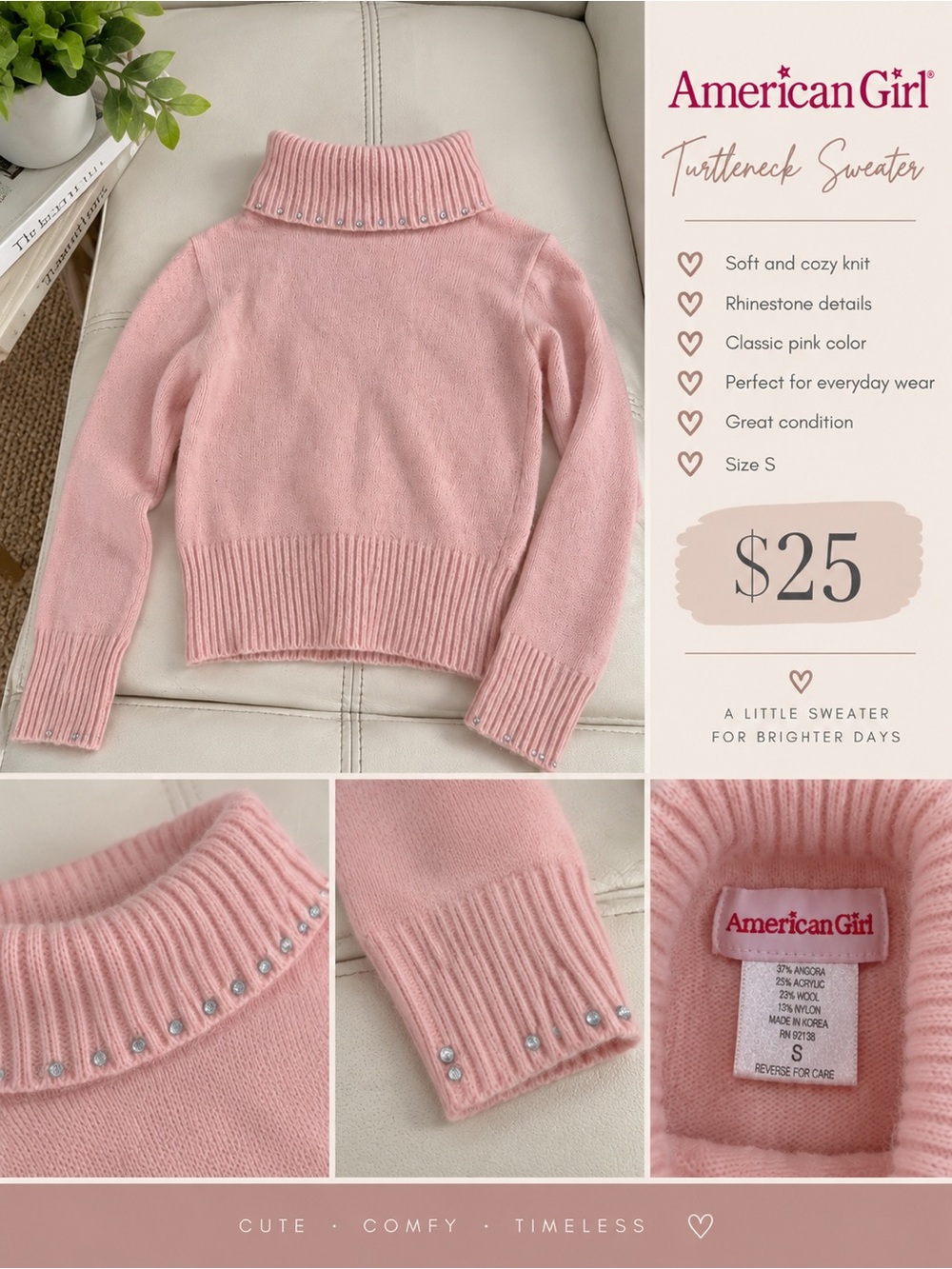 American Girl Light Pink Rhinestone Turtleneck Sweater